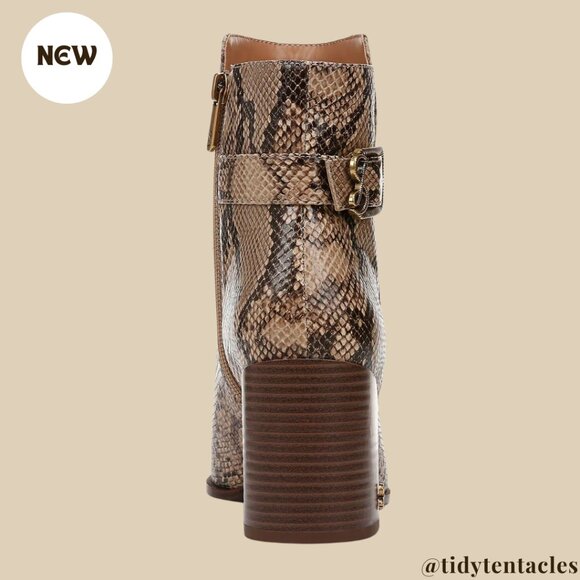 NEW Women's Buckle Leather Ankle Boots Size 8.5 Mocha Snake Print - Picture 2 of 5